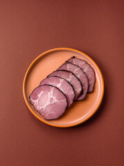 Ham, a meat cooked and sliced for sandwiches or Christmas table. Ham slices