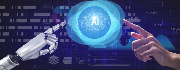 Human hand and robotic hand pointing toward AI symbol with digital interface, representing artificial intelligence, innovation, future technology, machine learning, and human-robot collaboration.
