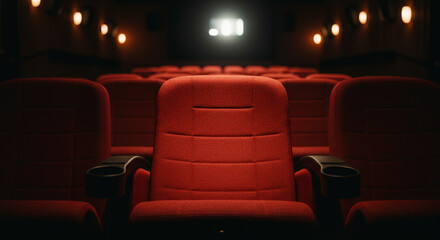 Obraz premium Empty red cinema chair in dark theater with projector light 