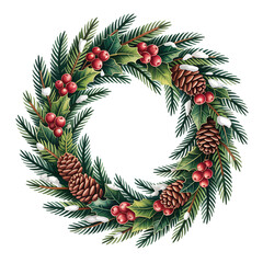 Festive christmas wreath with pinecones berries and snow