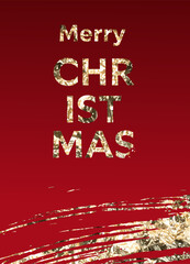 Red Christmas card with gold glitter text saying 'Merry Christmas'.