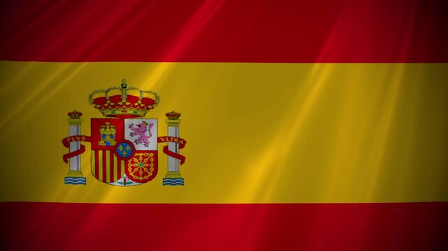 Spanish national flag, the international banner emblem of the nation of Spain spotlight lit with mood lighting and vignette blowing proudly in a light wind 4K animation