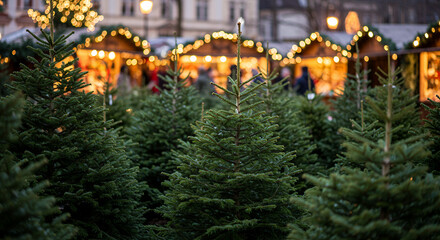 Christmas trees in market with festive lights during winter season  