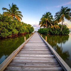 Tranquil wooden dock leading to tropical islands