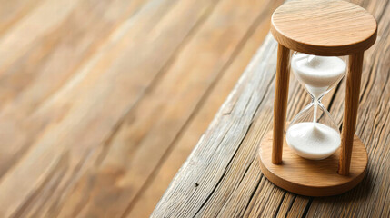 Hourglass with flowing sand on weathered wooden table evoking patience and time passing