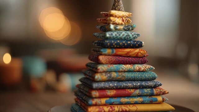 A small Christmas tree made from stacked colorful fabric squares on a plate.