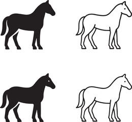 Horse icon set, farm animal icons, mammal equestrian icons, black silhouette line outline filled minimal thin stroke, modern vector icon pack for farming and wildlife