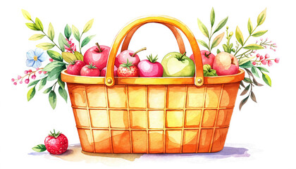 Colorful fruit basket with apples and flowers in a rustic style  