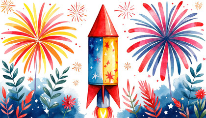 Firework rocket surrounded by colorful bursts and foliage  