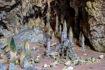 Nimara cave near Marmaris, Turkey inside. Stalactites stalagmites and streak formations in cave of...