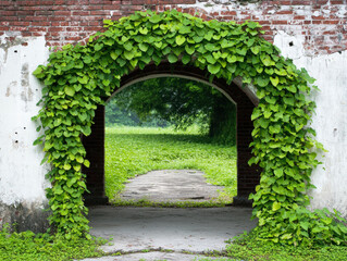 Ancient architectural ruins transformed into vibrant modern archway covered in green vines leading to sunlit garden path