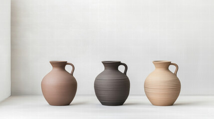 Ancient pottery fragments recreated into bold contemporary sculpture with three clay jugs arranged neutral shelf