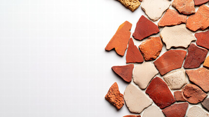 Ancient pottery pieces arranged into vibrant mosaic wall blend warm terracotta and cream tones, rustic texture evokes heritage