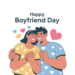 National Boyfriend Day vector illustrations featuring cute couples, heart doodles, romantic typography, gift items, love emojis, and playful cartoon designs in flat solid colors