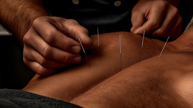 Acupuncture treatment, close-up of a patient's back being treated by a Chinese medicine practitioner, a concept of traditional Chinese medicine