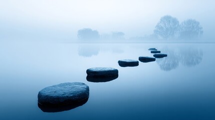 Serene stepping stones path across calm misty lake; peaceful journey concept; background of foggy forest