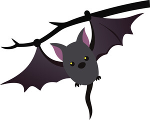 bat resting upside down on a small branch  white 