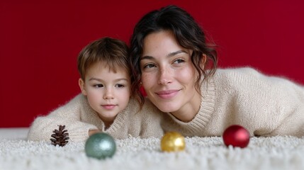 Mother and son in light winter sweaters decorating for Christmas with colorful ornaments on vivid-red background