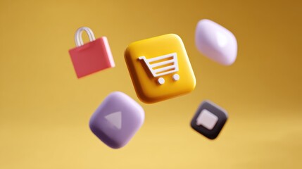 online shopping interface with interactive floating icons and buttons