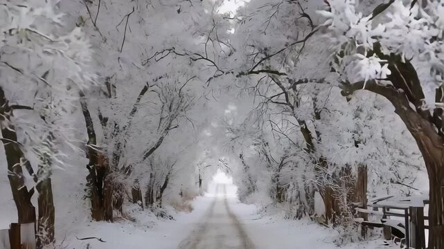Snow-covered rural road flanked by frosted trees and fences, stretching into the wintry distance.