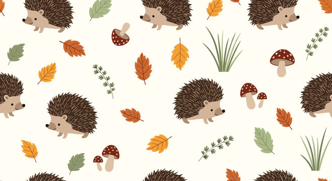 A charming pattern of hedgehogs and autumn leaves.