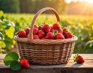 Basket of Fresh Strawberries in a Sunny Field