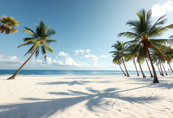 A stunning beach scene with palm trees and the ocean under a bright blue sky