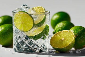 Refreshing gin and tonic glass filled with ice and lime slices, surrounded by fresh limes on clean background, evokes sense of relaxation and enjoyment