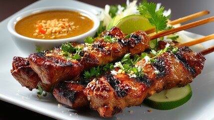 Grilled Thai satay skewers with rich peanut sauce, garnished with fresh herbs and lime, create delicious and vibrant dish perfect for sharing