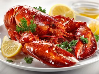 Lobster seafood dish garnished with lemon slices and fresh herbs, showcasing vibrant colors and textures, perfect for gourmet dining experience