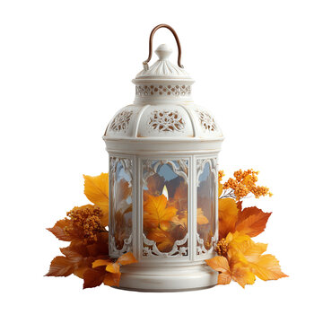 Decorative lantern featuring intricate designs, surrounded by vibrant autumn leaves and berries, creates warm and inviting atmosphere perfect for seasonal decor