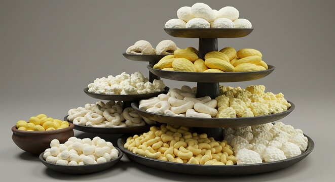 Stacked display of traditional Mongolian dried curd cheese snacks known as Aaruul or Tsagaan Idee on a tiered stand, representing nomadic dairy culture and hospitality during festivals