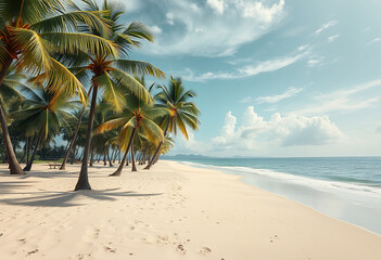 A serene beach scene with palm trees and blue sky