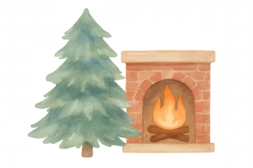 Watercolor fireplace with burning logs and festive christmas tree creating a cozy holiday atmosphere