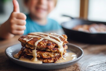 Child with thumbs up enjoys a delicious platter of fritters topped with creamy sauce, showcasing a joyful moment in a cozy kitchen setting with a frying pan in the background