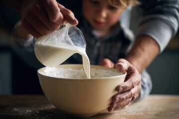 Child pouring milk from a small jug into a mixing bowl, hands guiding the process, creating a warm atmosphere of family cooking and shared moments in the kitchen