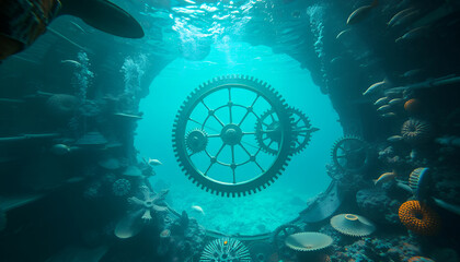 A surreal underwater scene, featuring intricate clockwork gears submerged in crystalline water, with a captivating oceanic backdrop. The gears symbolize time and mechanics.
