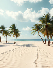 A serene beach scene with palm trees under a bright sky. The sand stretches towards the calm ocean, inviting relaxation.
