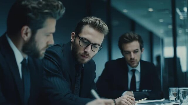 Three businessmen in suits sit at a conference table, examining papers during a meeting in a modern office.