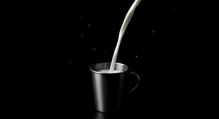 Fresh Milk Being Poured into a Sleek Metal Cup Against a Striking Black Background, Dynamic Splash