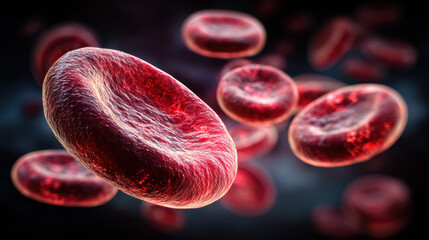 Fototapeta premium Red blood cells, erythrocytes, in vessels, microscopic image