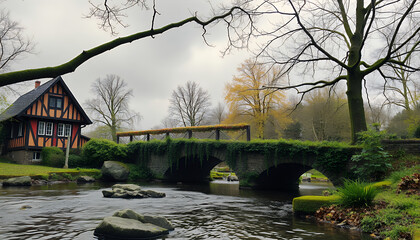 A picturesque view of a charming stone bridge in a lush park setting, a classic landscape scene 