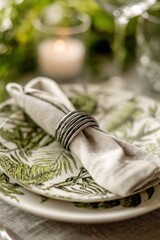 Elegant table setting featuring a neatly tied napkin with a decorative silver napkin ring on a beautifully patterned plate, creating a sophisticated dining atmosphere