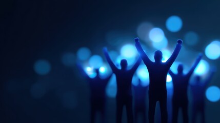 Business teamwork and success concept, flat minimal icons, digital glowing abstract background
