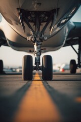 Aircraft landing gear with open doors is positioned on runway, showcasing detailed mechanics and structure, emphasizing aviation technology and engineering design