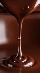 Rich, melted chocolate flows smoothly, creating a glossy surface. The deep brown color highlights its creamy texture, ideal for desserts and confections.