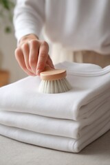 Woman gently using a soft brush on neatly folded white clothing, showcasing care and attention to detail in a serene indoor setting with natural light