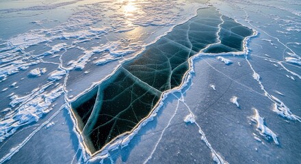 Aerial view of a frozen lake with cracks in the ice. The surface is covered in snow, reflecting sunlight. The scene captures the beauty of winter landscapes.