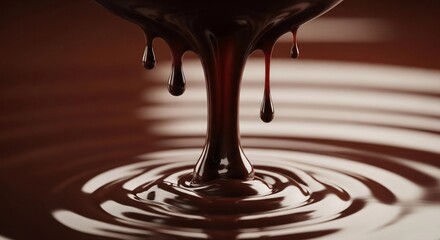 Liquid chocolate dripping into a pool, creating ripples. The scene highlights the smooth texture and rich color of the chocolate.