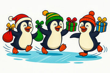 Fototapeta premium Horizontal vector illustration of three happy penguins wearing winter hats and carrying colorful Christmas gifts, running joyfully across the ice, symbolizing fun, new year celebration, winter joy